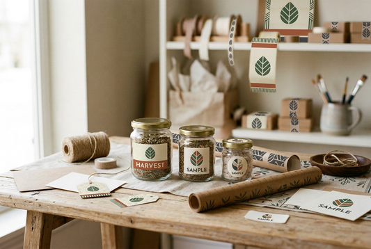 Illustration of three glass jars with different-sized botanical sample labels on a packing table.