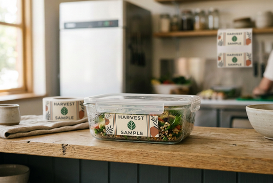 Illustration of a clear salad container with a printed botanical sample label and moisture droplets.
