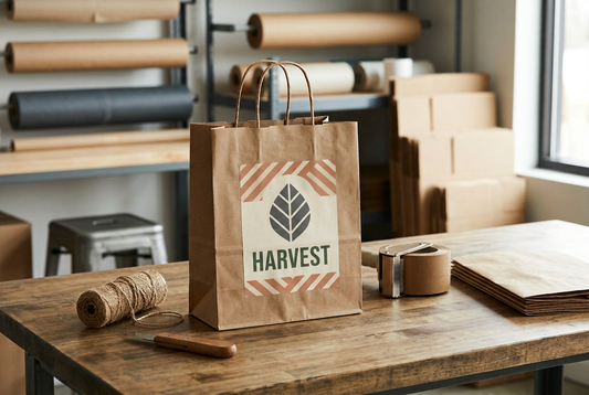 Illustration of a kraft paper carry bag with a large leaf-design Harvest label.