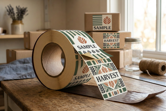 Illustration of a label roll displaying printed leaf designs as the labels peel from their backing.