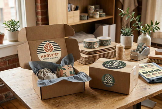 Illustration of open and closed kraft shipping boxes with botanical sample stickers.