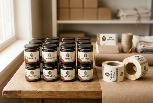 Illustration of grouped amber jars and label rolls with coordinated Harvest and Sample artwork.