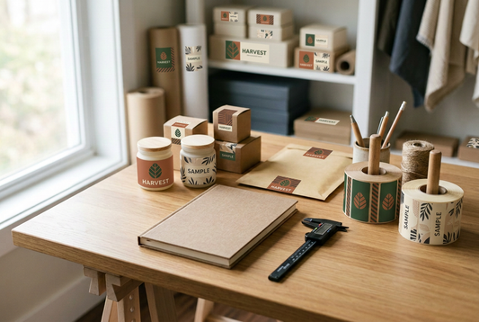 Illustration of packaging samples, printed label rolls, a caliper, and a notebook on a planning desk.