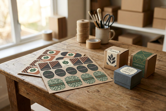 Illustration of rectangular, oval, round, and decorative sample labels beside labeled boxes.